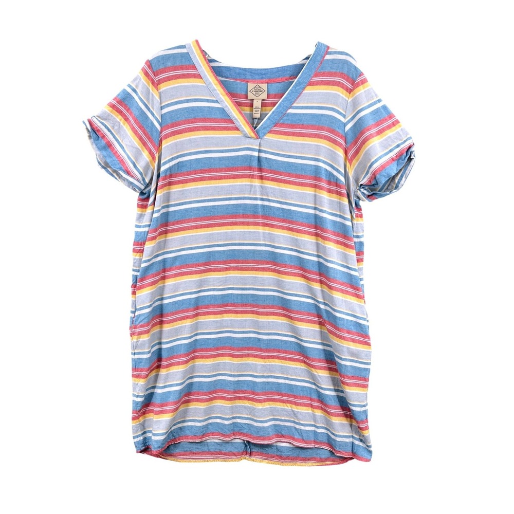 St John's Bay Striped Mini Shift Dress Size L Blue Red Yellow Linen Blend Beachy